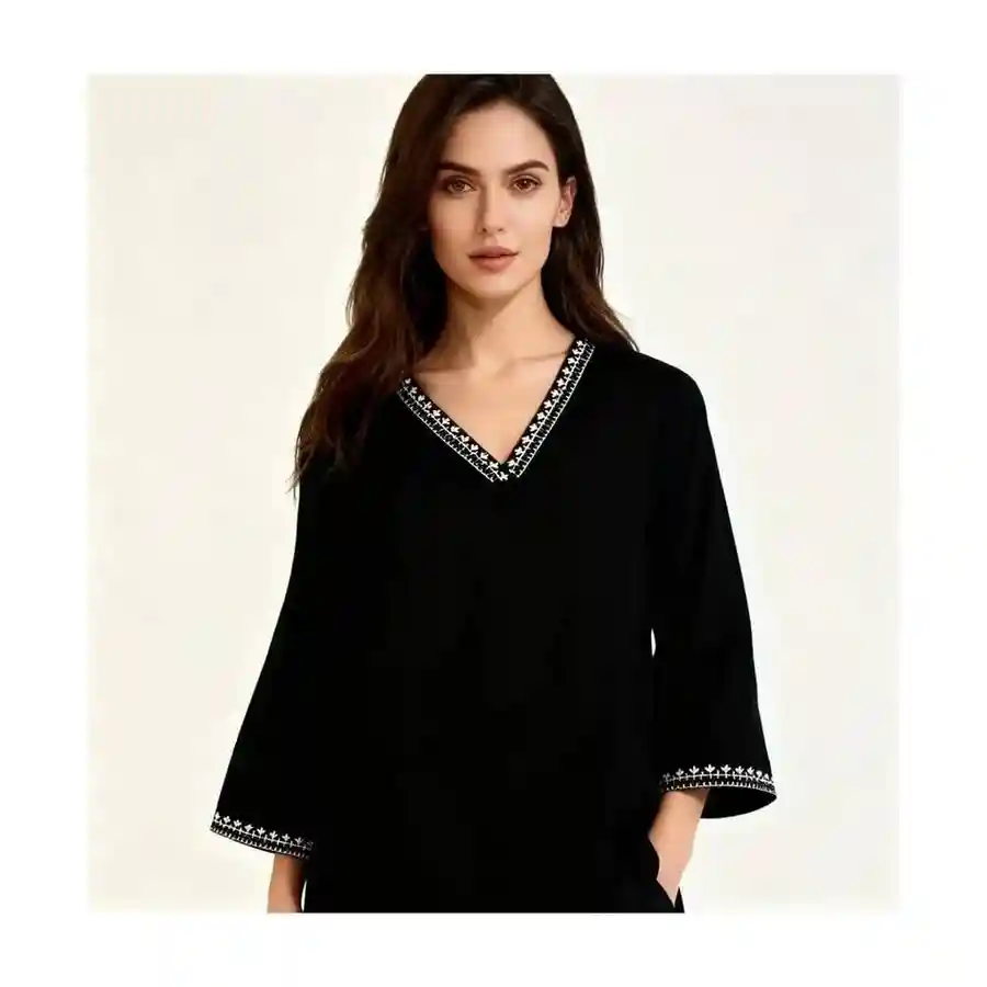 Jr Embroidered V-Neck Trim Tunic Top